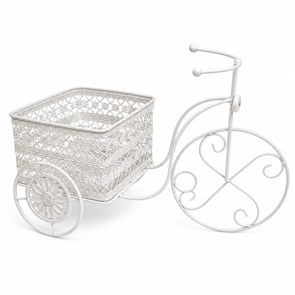 Portavaso Bicicletta Vintage in Metallo Bianco con Cestino Decorativo